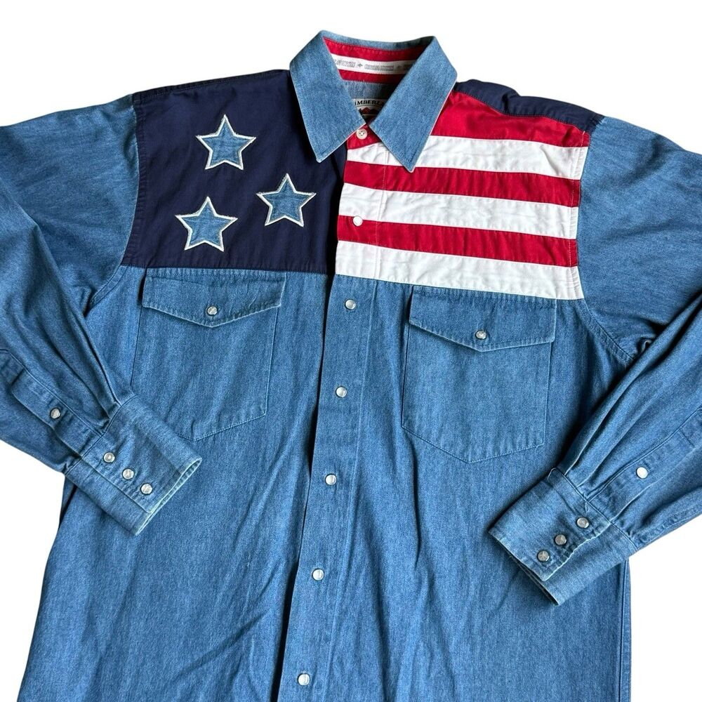 VTG 90s American Flag Denim Shirt M Western Snap Button USA Americana Patriotic